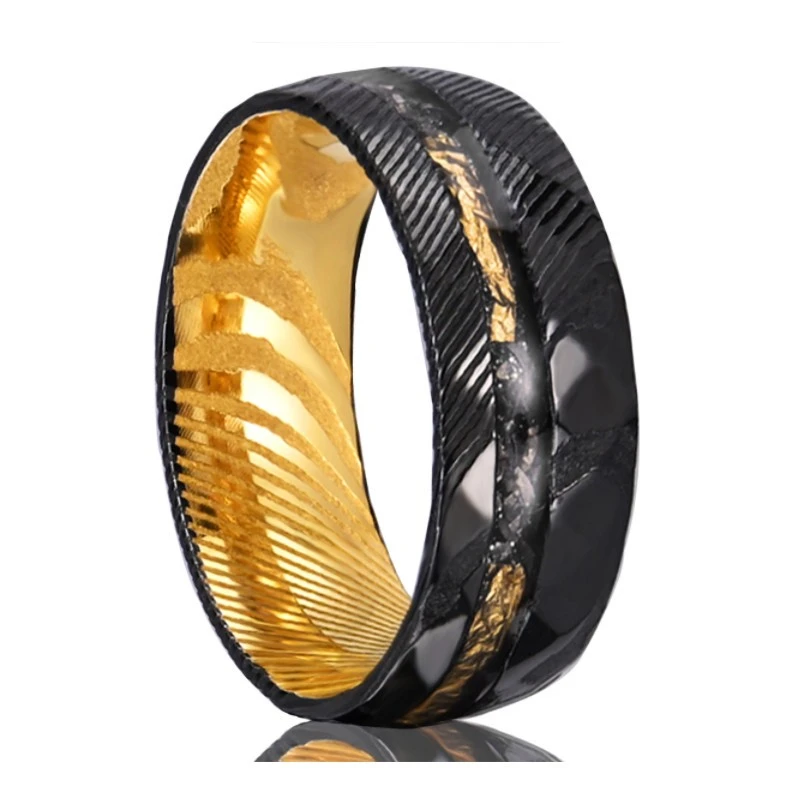 Bague pour hommes en acier Damas de 8 mm, avec incrustation de météorite et finition noircie, vente en gros