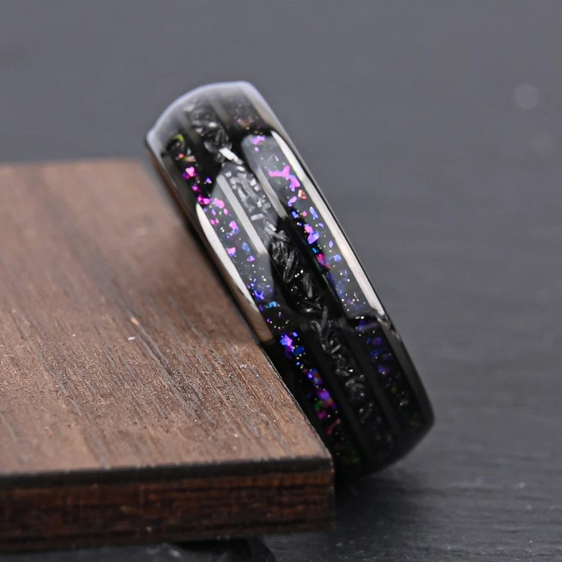 Wholesale 8mm Gunmetal Black Tungsten Carbide Wedding Band with Cloud Stone & Meteorite Inlay