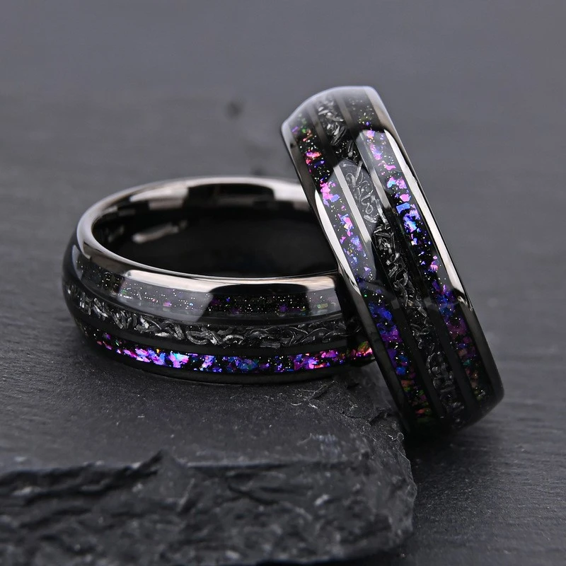 Wholesale 8mm Gunmetal Black Tungsten Carbide Wedding Band with Cloud Stone & Meteorite Inlay