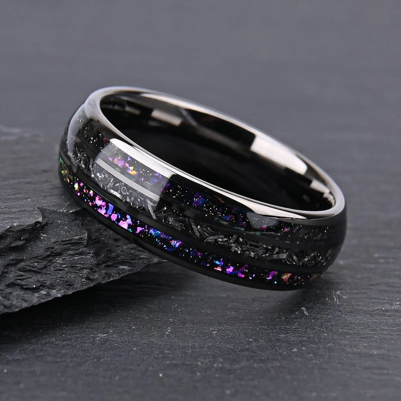 Wholesale 8mm Gunmetal Black Tungsten Carbide Wedding Band with Cloud Stone & Meteorite Inlay