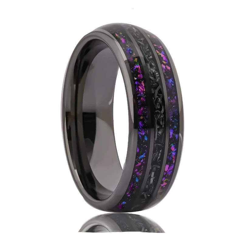 Wholesale 8mm Gunmetal Black Tungsten Carbide Wedding Band with Cloud Stone & Meteorite Inlay