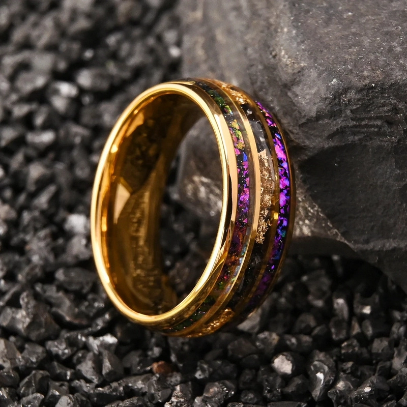 Bague de mariage pour hommes en carbure de tungstène bombé de 8 mm | Plaqué or avec incrustation d'opale et de feuille d'or