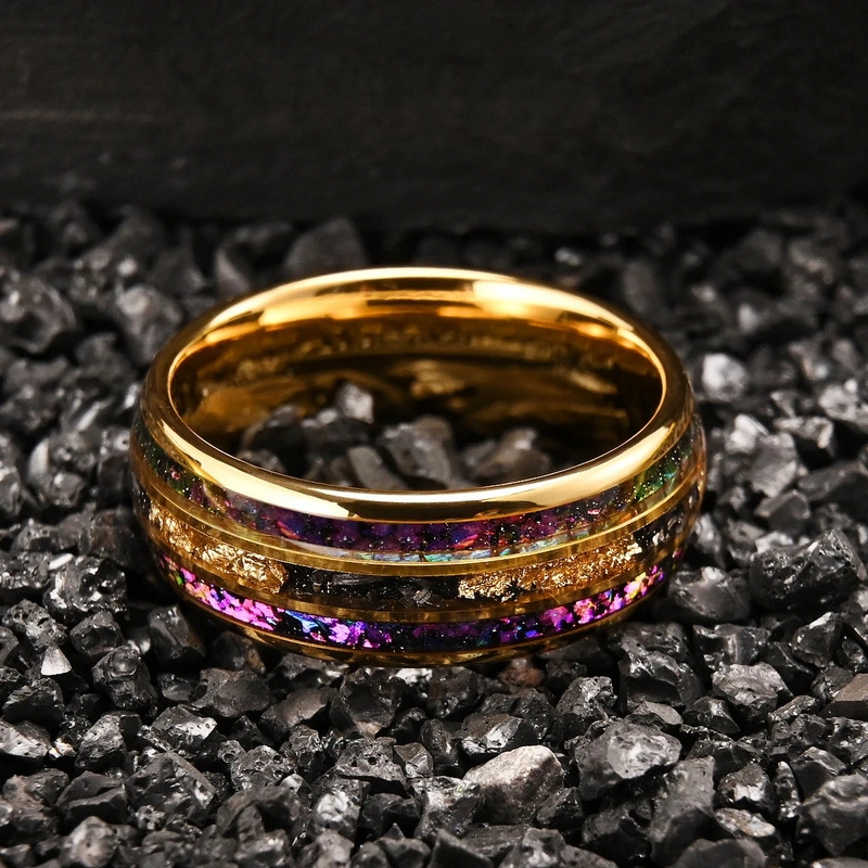 Bague de mariage pour hommes en carbure de tungstène bombé de 8 mm | Plaqué or avec incrustation d'opale et de feuille d'or