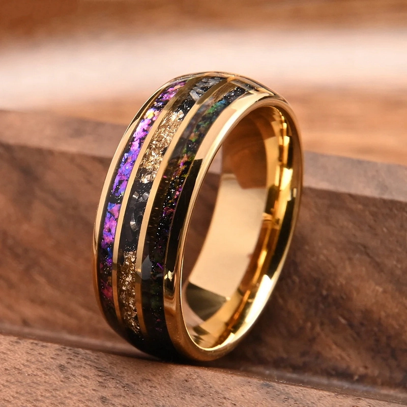 Bague de mariage pour hommes en carbure de tungstène bombé de 8 mm | Plaqué or avec incrustation d'opale et de feuille d'or
