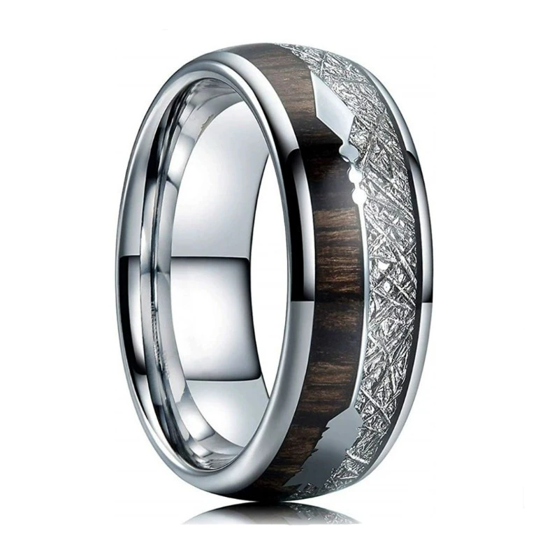 Bague de mariage en tungstène poli de 8 mm avec incrustation de météorite et de bois de poirier pour hommes