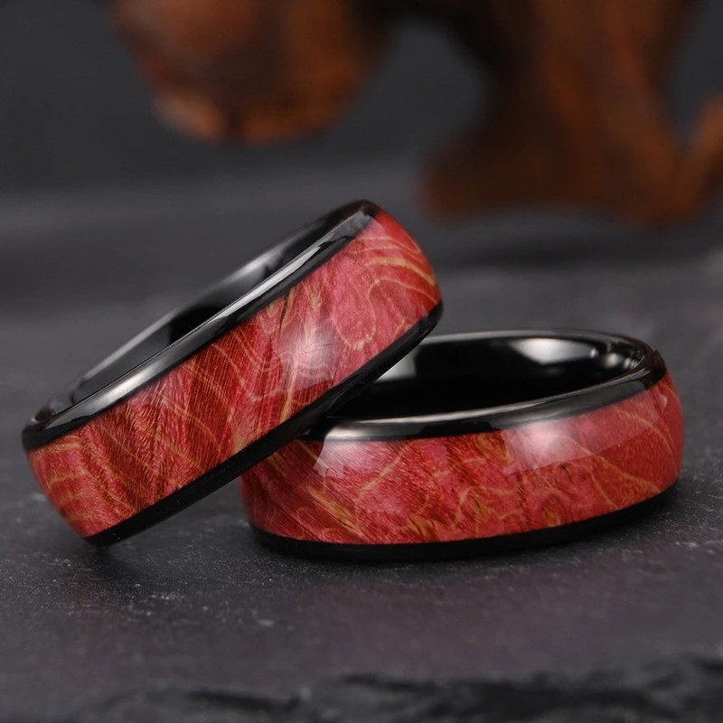 Bague en carbure de tungstène plaqué noir de 8 mm avec incrustation en bois stabilisé rouge - Alliance durable pour hommes