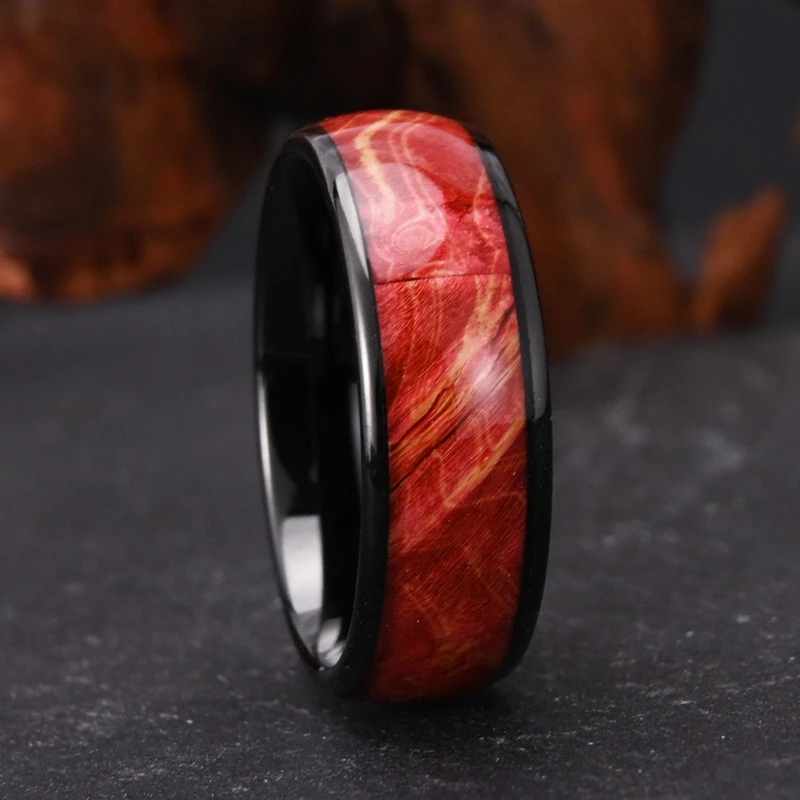 Bague en carbure de tungstène plaqué noir de 8 mm avec incrustation en bois stabilisé rouge - Alliance durable pour hommes