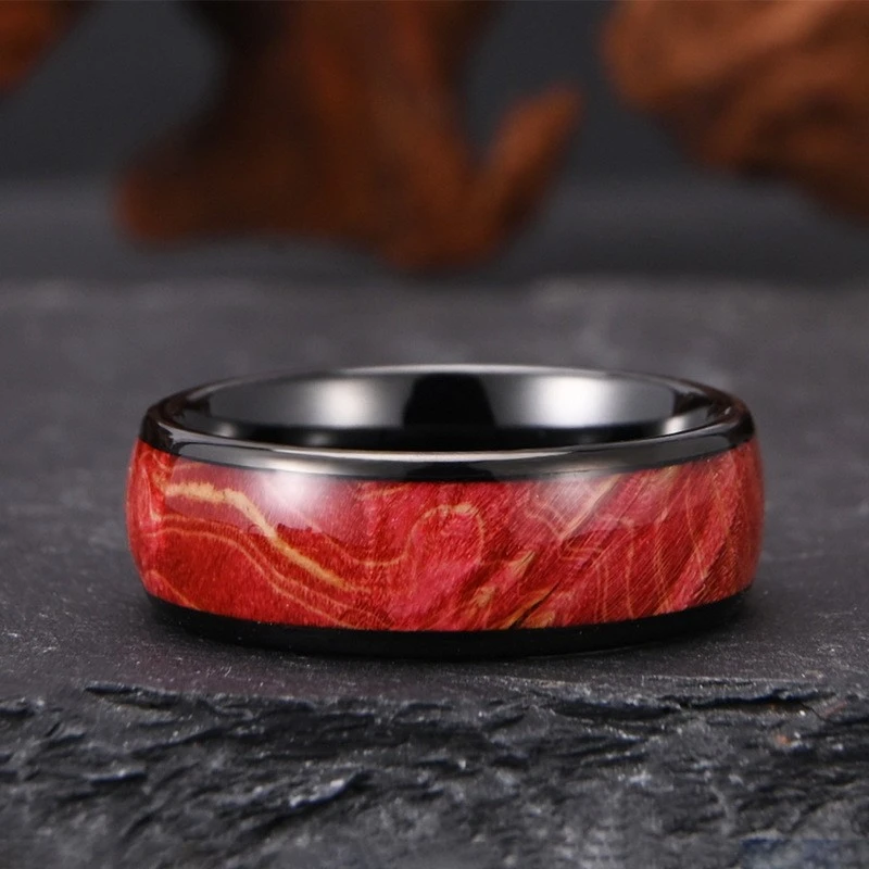 Bague en carbure de tungstène plaqué noir de 8 mm avec incrustation en bois stabilisé rouge - Alliance durable pour hommes