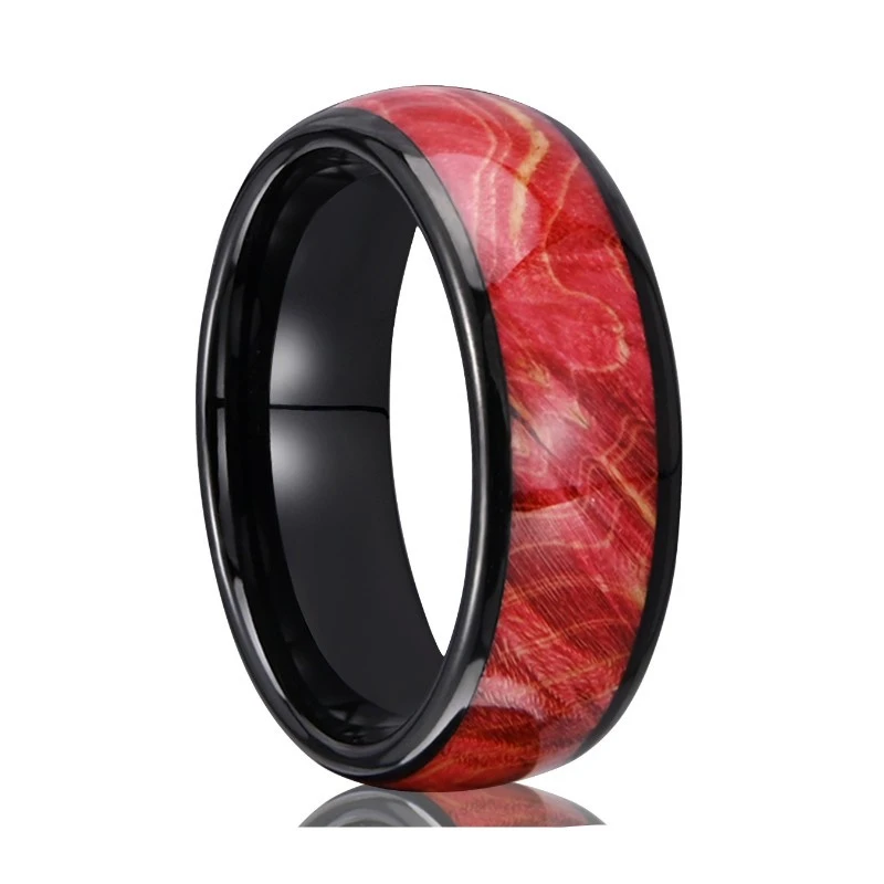 Bague en carbure de tungstène plaqué noir de 8 mm avec incrustation en bois stabilisé rouge - Alliance durable pour hommes