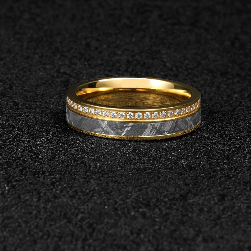 Hochwertige 6-mm-Hochzeitsringe aus Wolfram für den Großhandel: Eingelegt mit echtem Meteoriten und Zirkonia