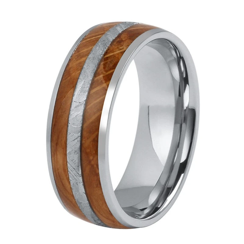 Premium 8mm OEM Tungsten Wedding Band with Meteorite & Wood Inlay – Bulk Supplier for Men’s Jewelry