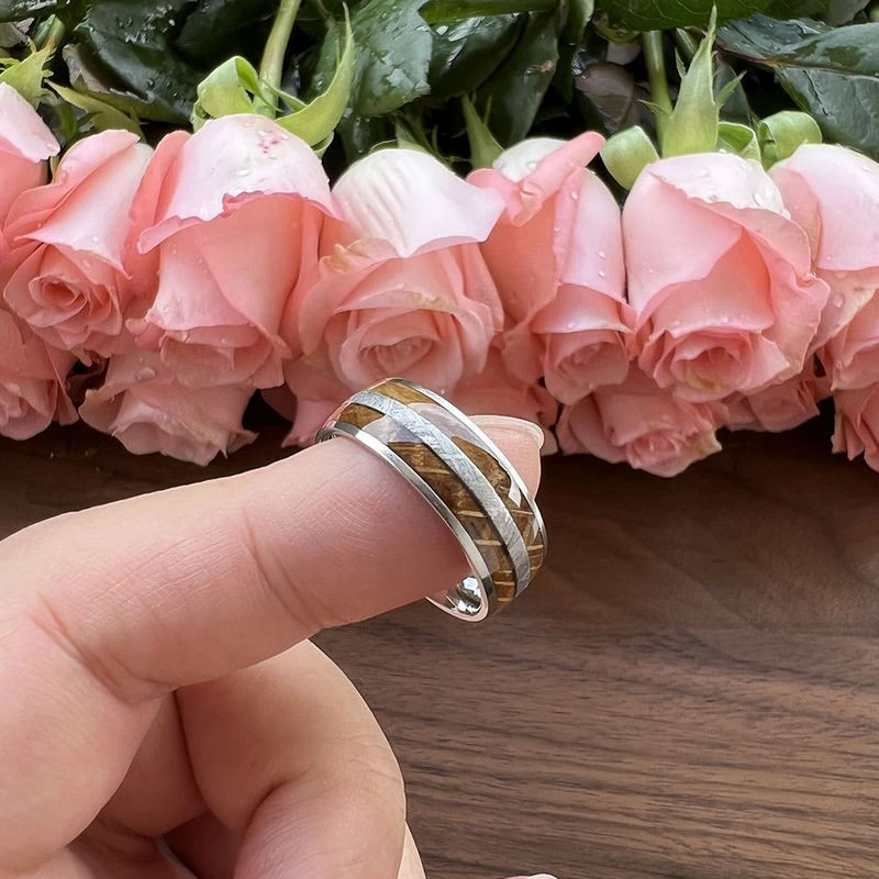 Premium 8mm OEM Tungsten Wedding Band with Meteorite & Wood Inlay – Bulk Supplier for Men’s Jewelry