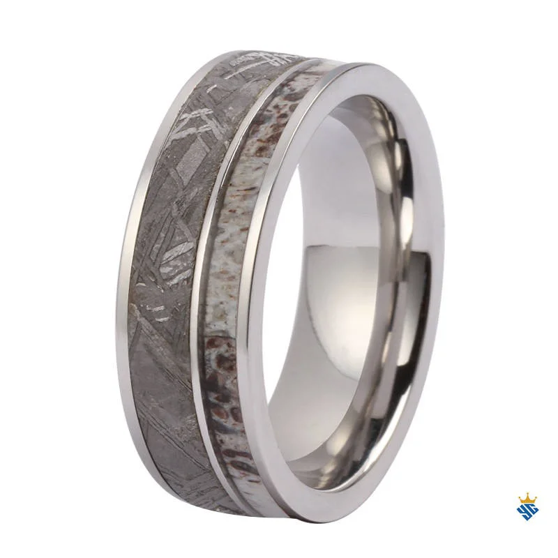 OEM Premium 8mm Men's Tungsten Meteorite & Deer Antler Wedding Band - Flat Edge Design