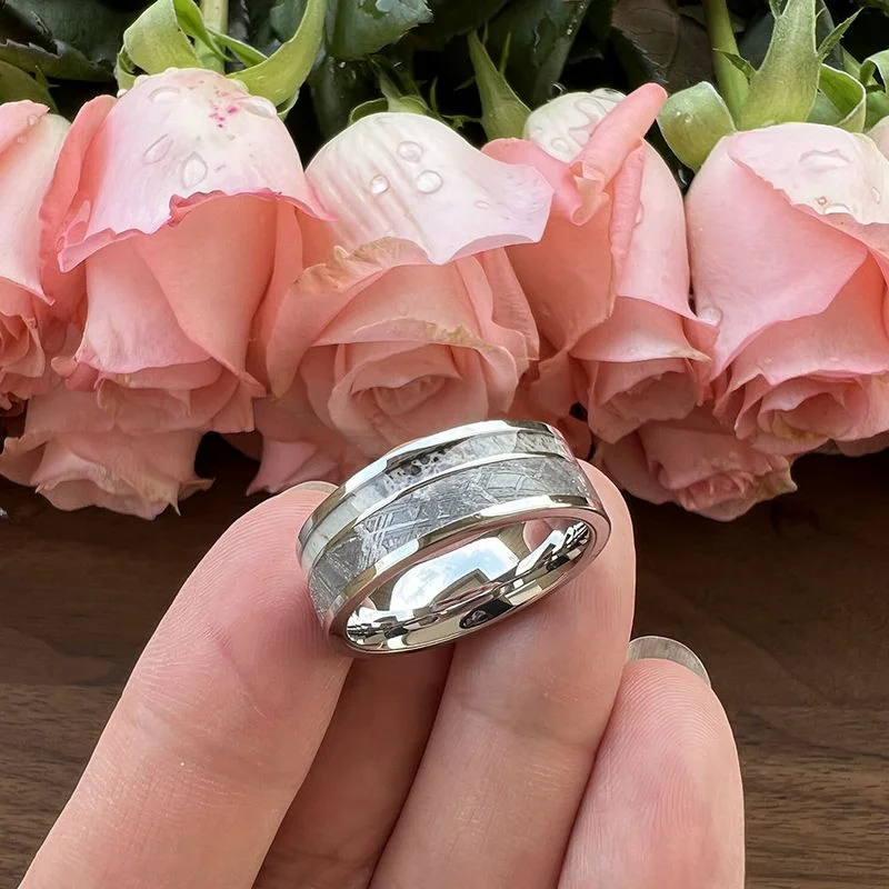 OEM Premium 8mm Men's Tungsten Meteorite & Deer Antler Wedding Band - Flat Edge Design