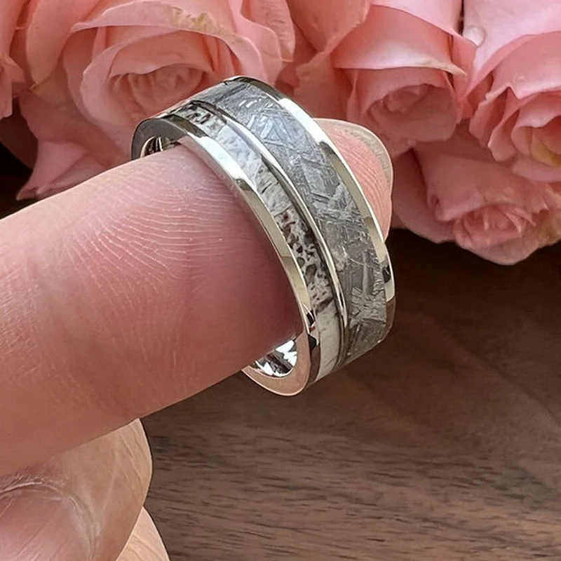 OEM Premium 8mm Men's Tungsten Meteorite & Deer Antler Wedding Band - Flat Edge Design