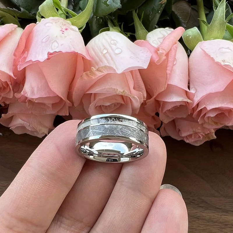 OEM Premium 8mm Men's Tungsten Meteorite & Deer Antler Wedding Band - Flat Edge Design