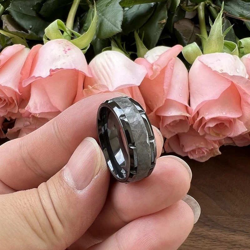 Wholesale 8mm Zirconium Wedding Bands with Genuine Muonionalusta Meteorite Inlay