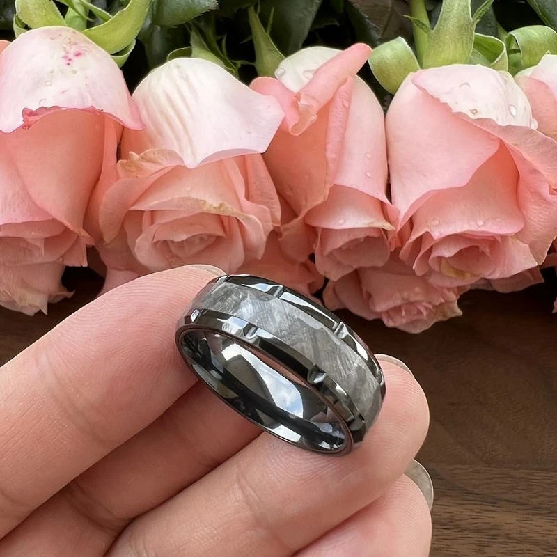 Wholesale 8mm Zirconium Wedding Bands with Genuine Muonionalusta Meteorite Inlay