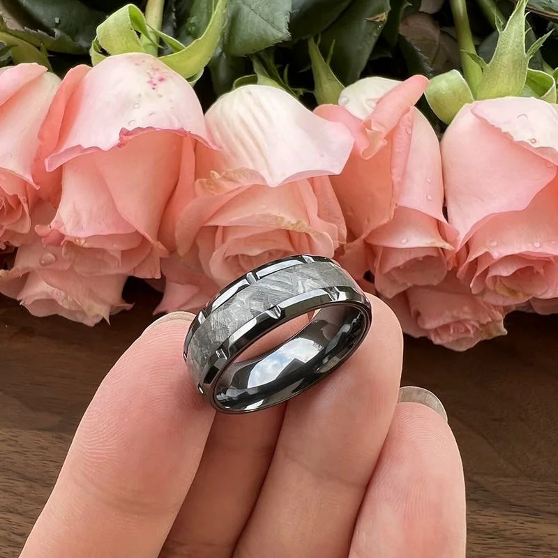 Wholesale 8mm Zirconium Wedding Bands with Genuine Muonionalusta Meteorite Inlay