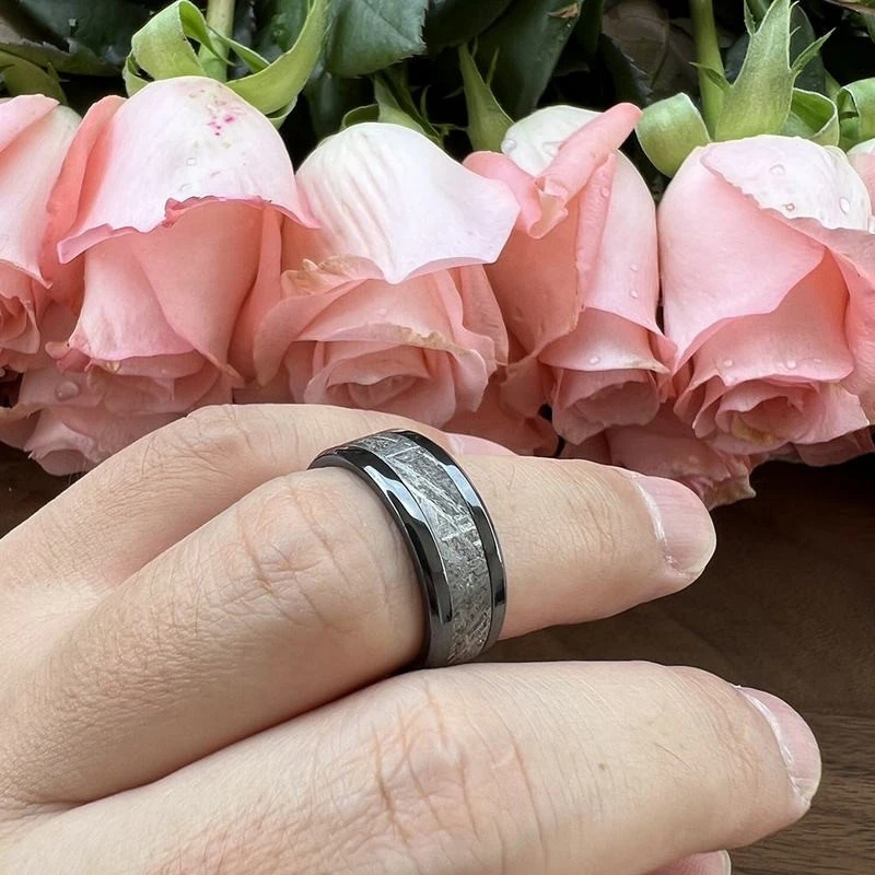 Wholesale Premium 8mm Zirconium Wedding Bands with Genuine Muonionalusta Meteorite Inlay