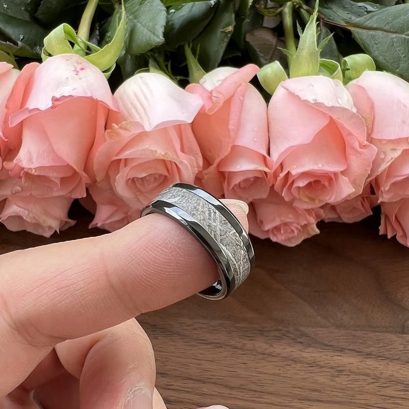 Wholesale Premium 8mm Zirconium Wedding Bands with Genuine Muonionalusta Meteorite Inlay