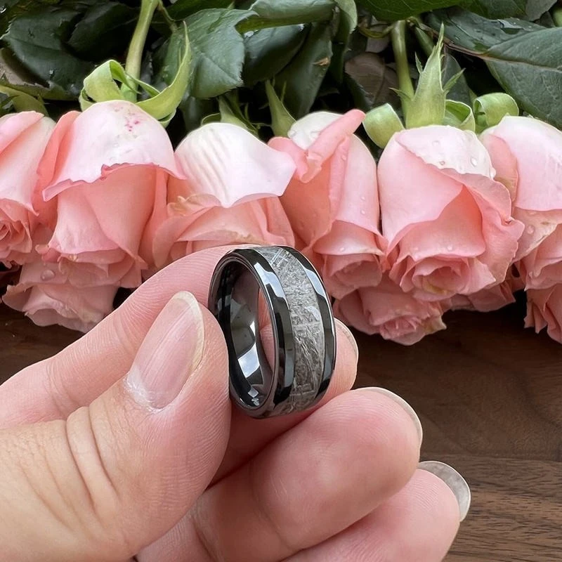 Wholesale Premium 8mm Zirconium Wedding Bands with Genuine Muonionalusta Meteorite Inlay