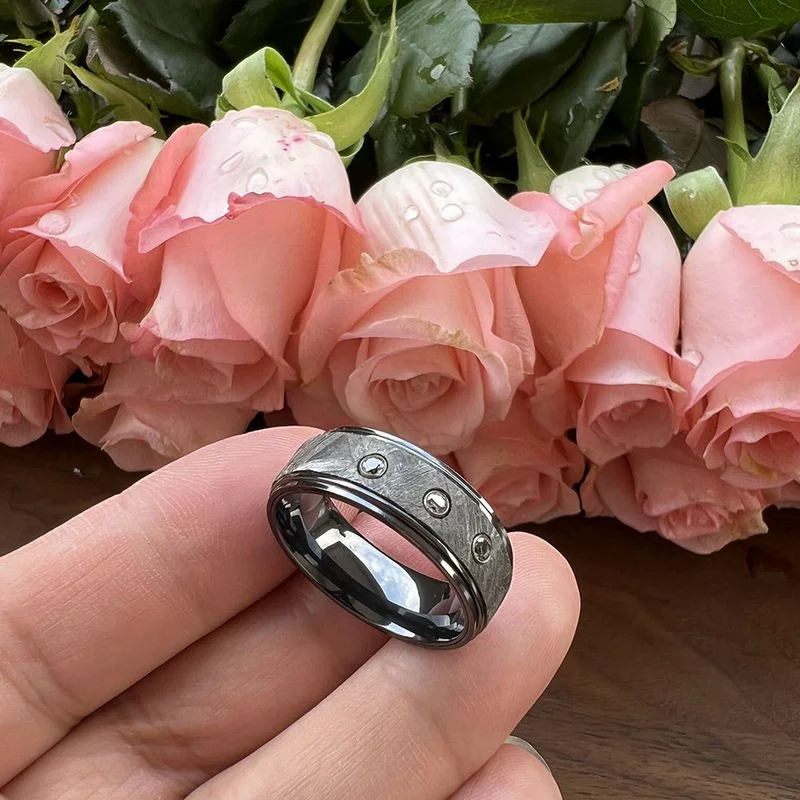 8mm Black Zirconium Wedding Band with Real Meteorite & CZ Inlay - Stepped Edges, Brushed Finish