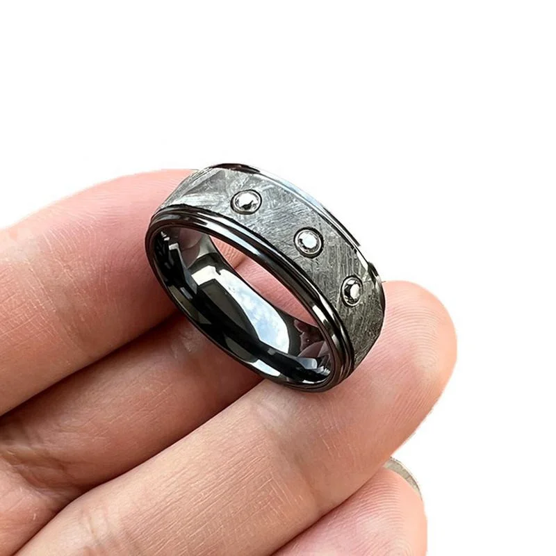 8mm Black Zirconium Wedding Band with Real Meteorite & CZ Inlay - Stepped Edges, Brushed Finish