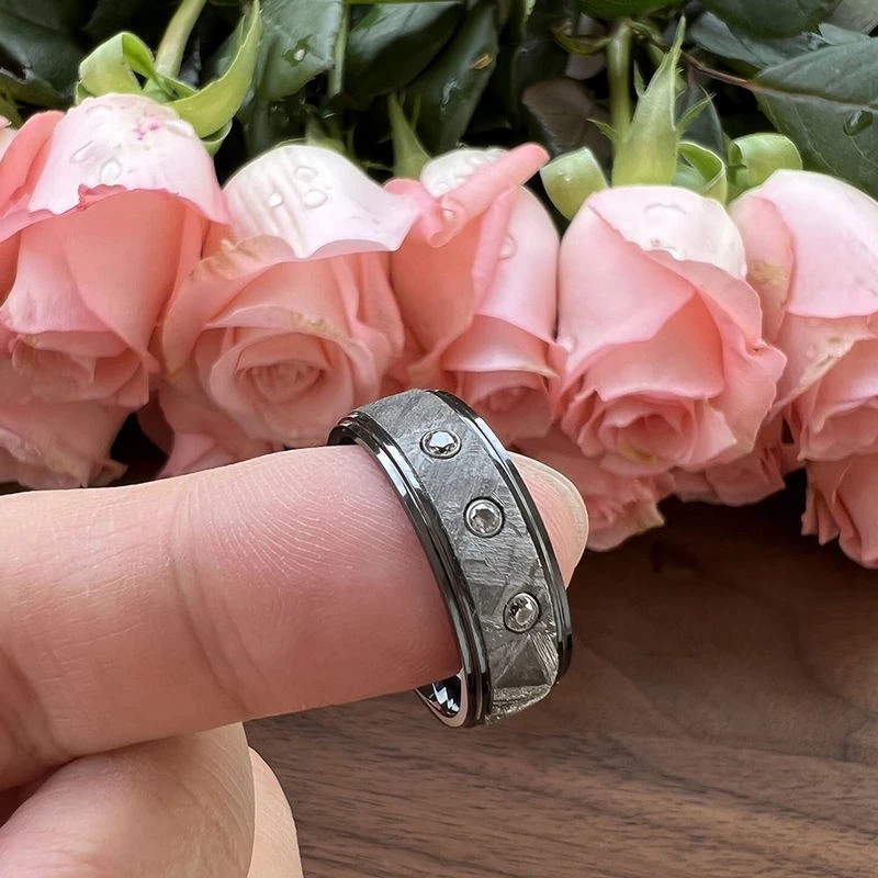 8mm Black Zirconium Wedding Band with Real Meteorite & CZ Inlay - Stepped Edges, Brushed Finish