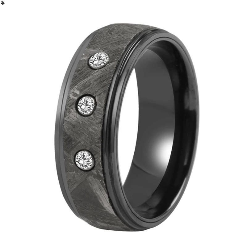 8mm Black Zirconium Wedding Band with Real Meteorite & CZ Inlay - Stepped Edges, Brushed Finish
