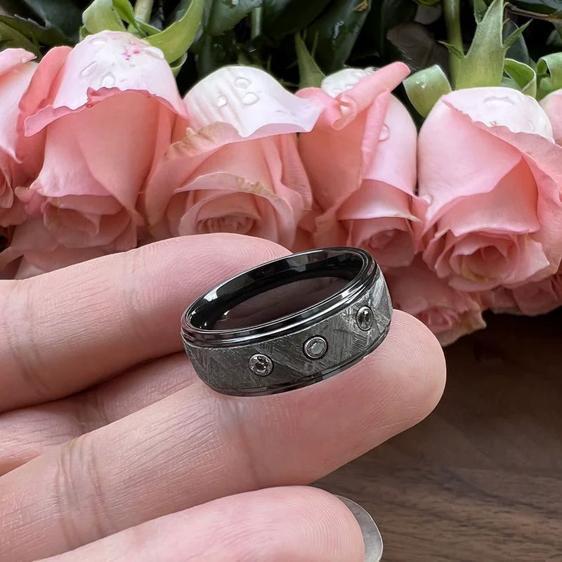 8mm Black Zirconium Wedding Band with Real Meteorite & CZ Inlay - Stepped Edges, Brushed Finish