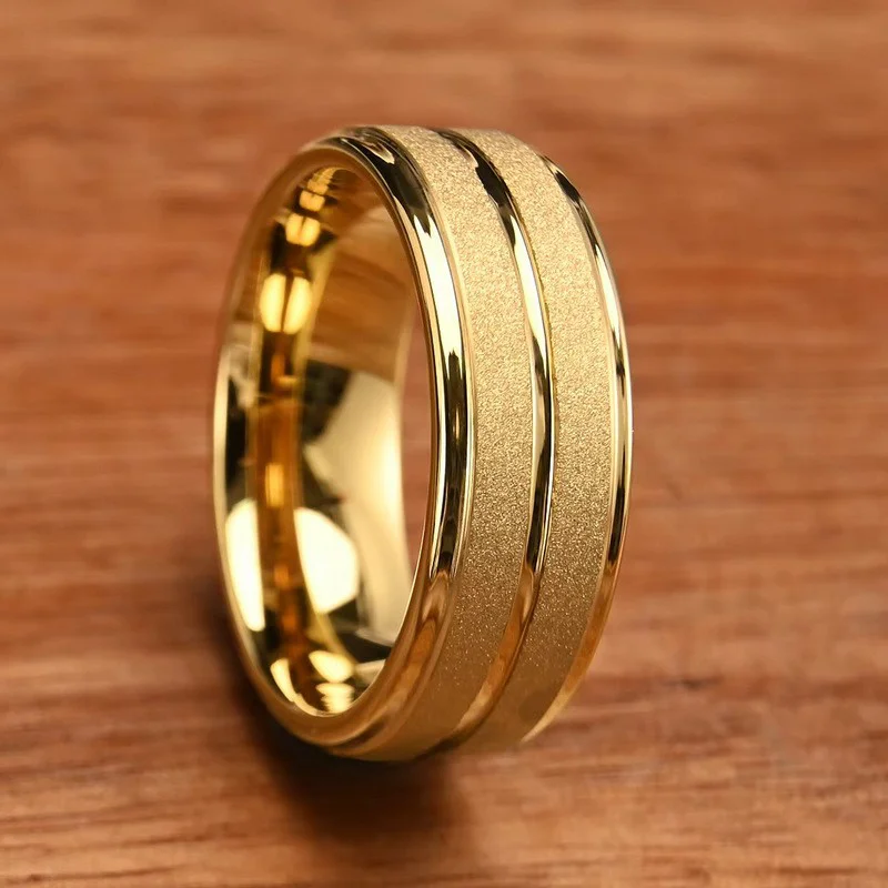 8mm Tungsten Carbide Men's Ring with Flat/Step Edge & 18K Gold Plating | OEM Manufacturer