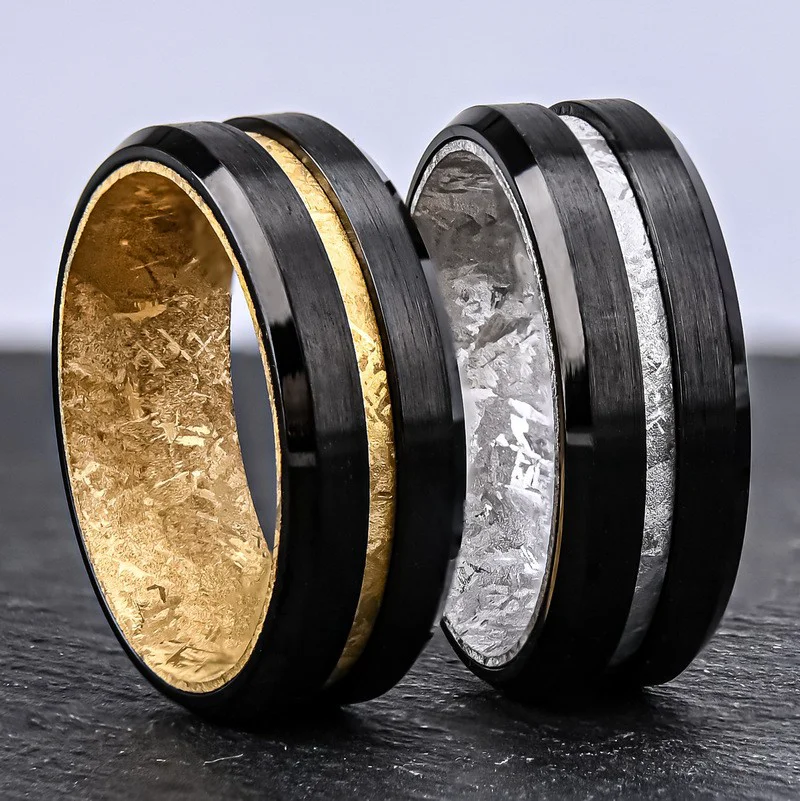 Modern 8mm Black Tungsten & Ice-Pattern Titanium Wedding Band Sets for Wholesale