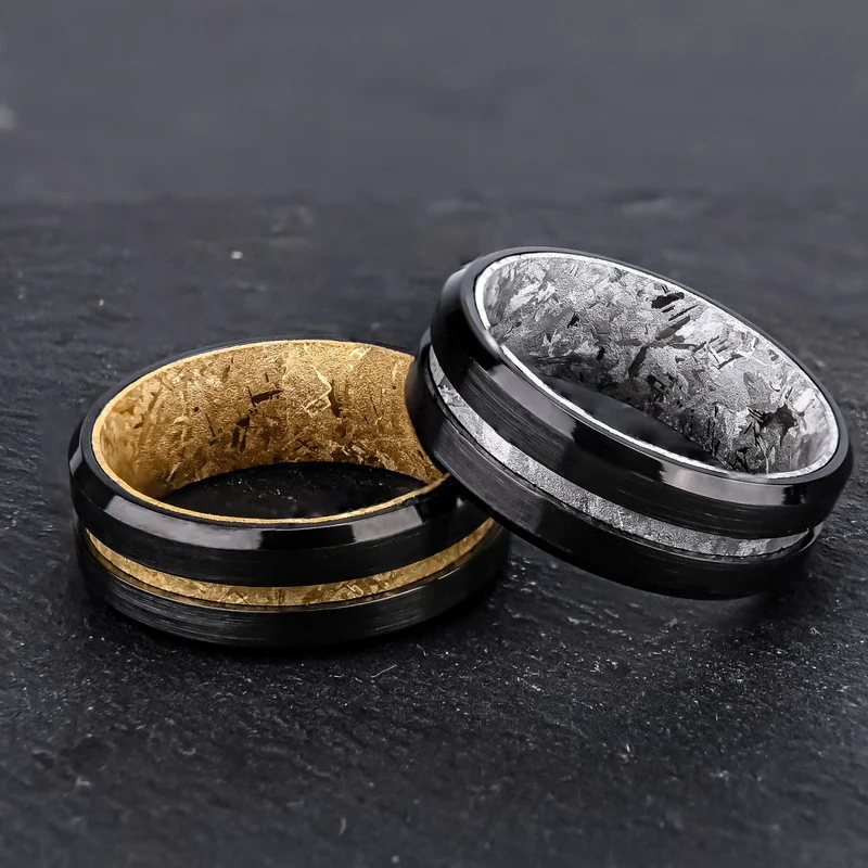Modern 8mm Black Tungsten & Ice-Pattern Titanium Wedding Band Sets for Wholesale