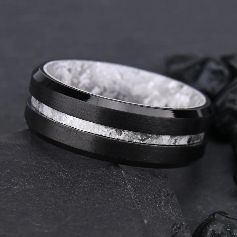 Modern 8mm Black Tungsten & Ice-Pattern Titanium Wedding Band Sets for Wholesale