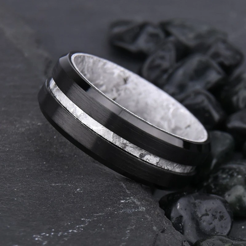 Modern 8mm Black Tungsten & Ice-Pattern Titanium Wedding Band Sets for Wholesale