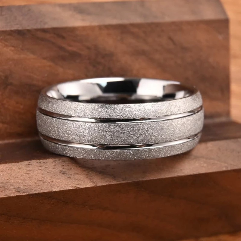 Men's 8mm Domed Tungsten Carbide Wedding Ring with Silver Sandblasted Finish - Factory Direct