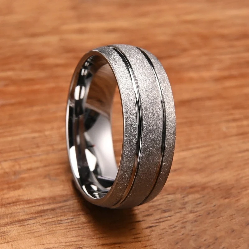 Men's 8mm Domed Tungsten Carbide Wedding Ring with Silver Sandblasted Finish - Factory Direct