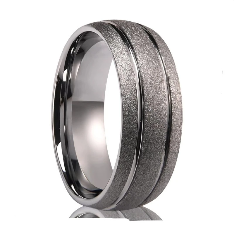 Men's 8mm Domed Tungsten Carbide Wedding Ring with Silver Sandblasted Finish - Factory Direct