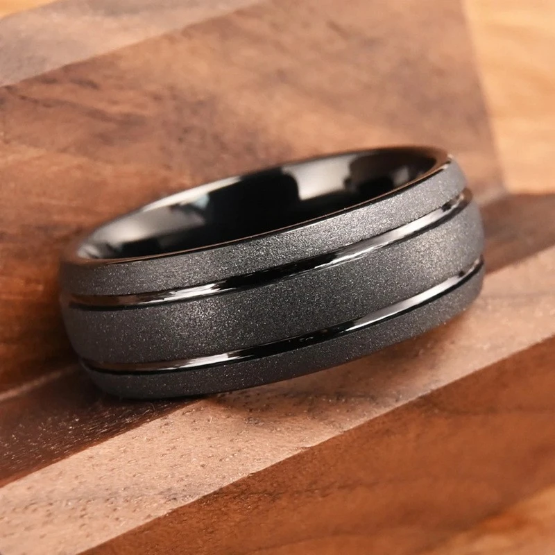 8mm Sandblasted Black Tungsten Carbide Men's Ring - Durable & Modern Wholesale