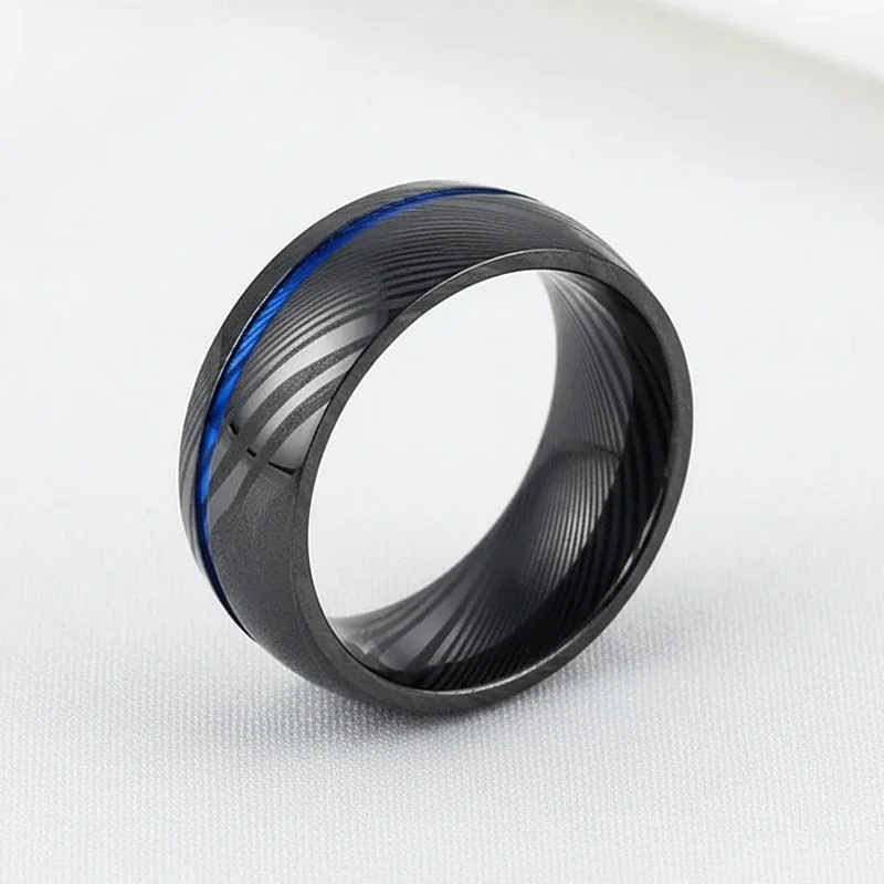 Wholesale Bulk 8mm Black & Blue Plated Damascus Steel Rings – Comfort Fit Men’s Wedding Bands