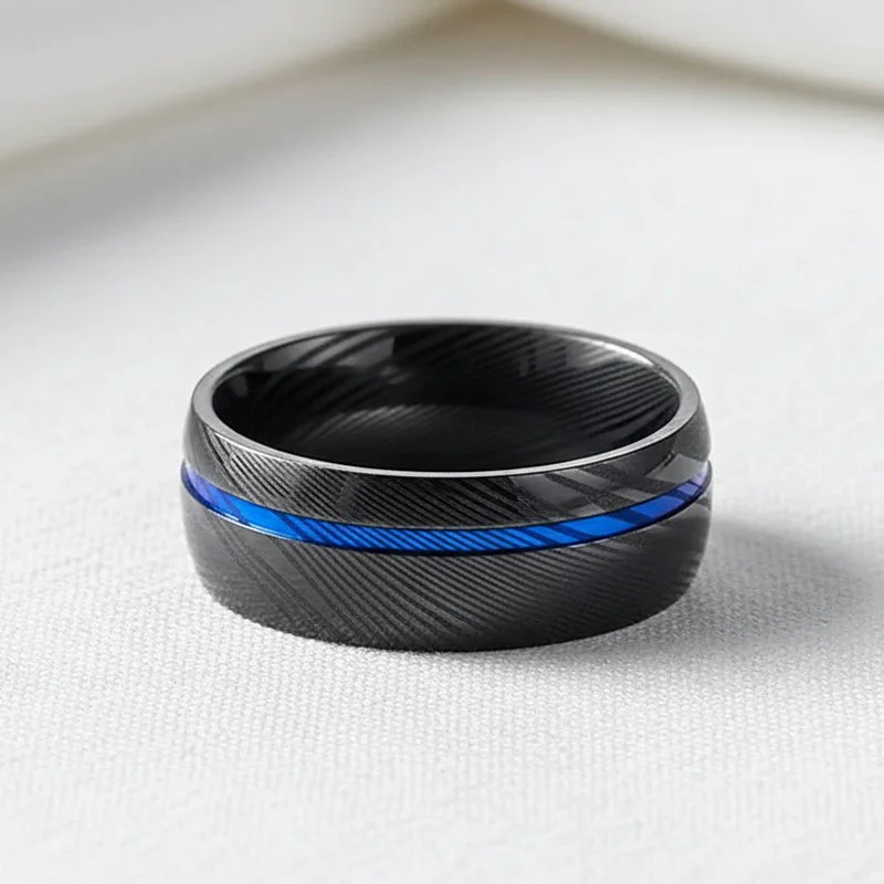 Wholesale Bulk 8mm Black & Blue Plated Damascus Steel Rings – Comfort Fit Men’s Wedding Bands