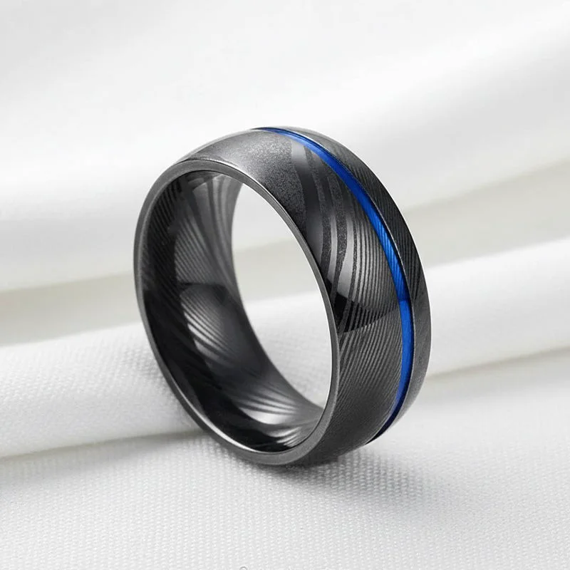 Wholesale Bulk 8mm Black & Blue Plated Damascus Steel Rings – Comfort Fit Men’s Wedding Bands