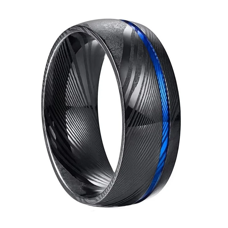 Wholesale Bulk 8mm Black & Blue Plated Damascus Steel Rings – Comfort Fit Men’s Wedding Bands