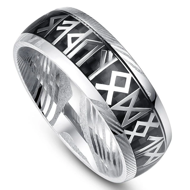 Bulk Wholesale 8mm Rotatable Viking Rune Ring - Premium Damascus Steel Men's Fashion Rings from Factory