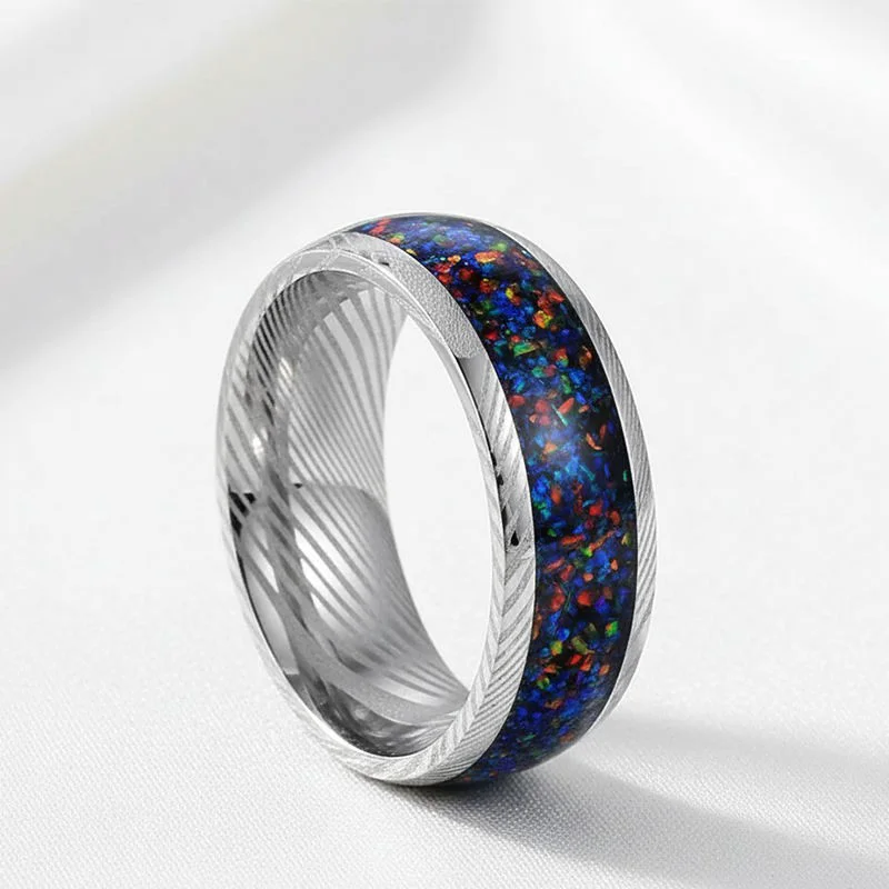 Manufacturer's 8mm Damascus Steel Men's Wedding Band with Crushed Galaxy Opal Inlay – Customizable Bulk Orders