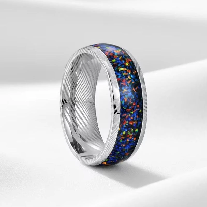 Manufacturer's 8mm Damascus Steel Men's Wedding Band with Crushed Galaxy Opal Inlay – Customizable Bulk Orders