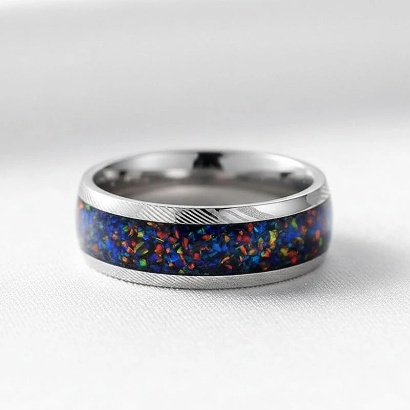 Manufacturer's 8mm Damascus Steel Men's Wedding Band with Crushed Galaxy Opal Inlay – Customizable Bulk Orders