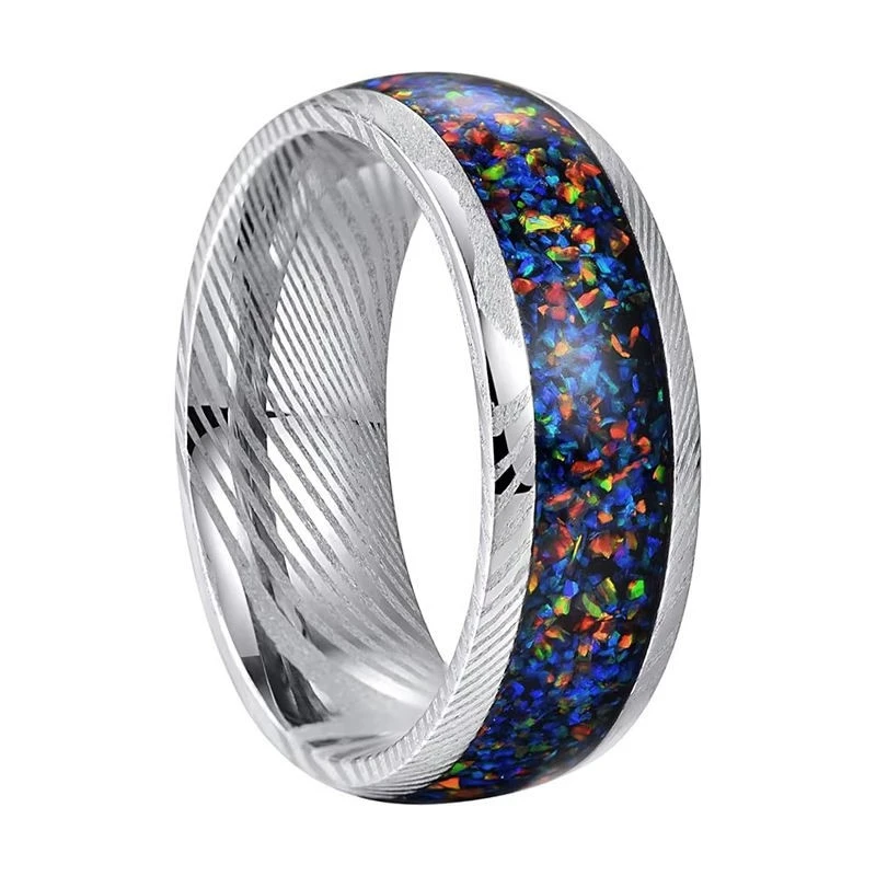 Manufacturer's 8mm Damascus Steel Men's Wedding Band with Crushed Galaxy Opal Inlay – Customizable Bulk Orders