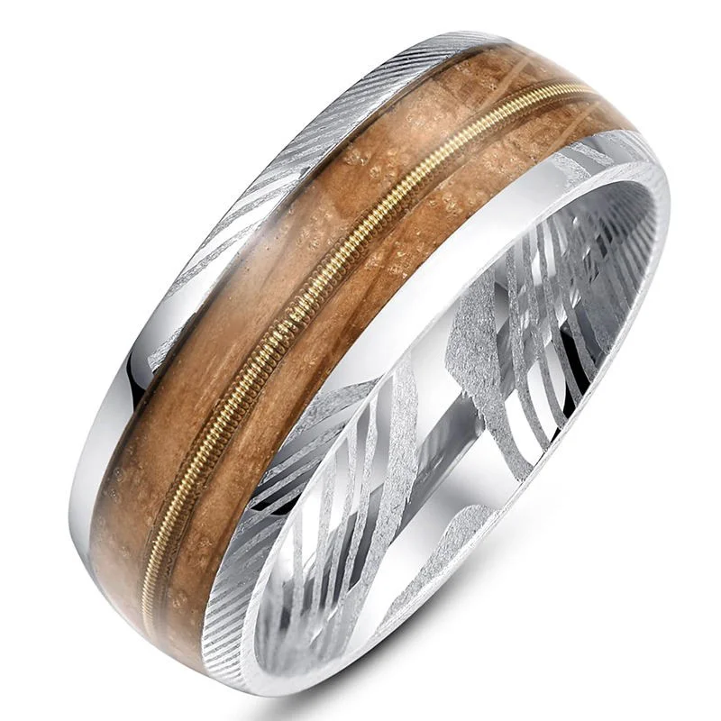 B2B Wholesale Manufacturer of Classic 8mm Damascus Steel Rings - Men's Wedding Bands with Whiskey Barrel Wood & Guitar String Inlay